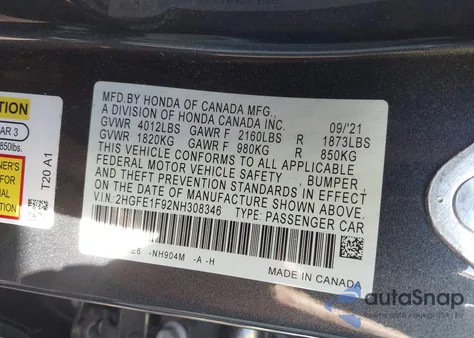 2022 Honda Civic Touring z USA, uszkodzony, nr VIN 2HGFE1F92NH308346